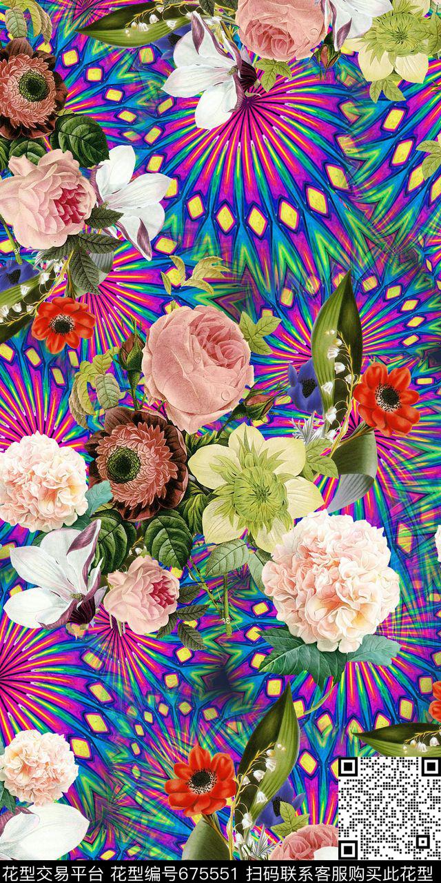 炫光抽象底手绘复古花卉大气时尚数码印花华亿平台下载（图片编号: 675551） - 瓦栏（Walan）