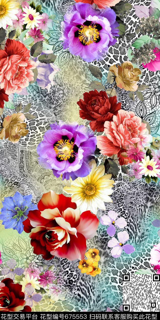 豹纹云纹底牡丹数码印花华亿平台下载（图片编号: 675553） - 瓦栏（Walan）