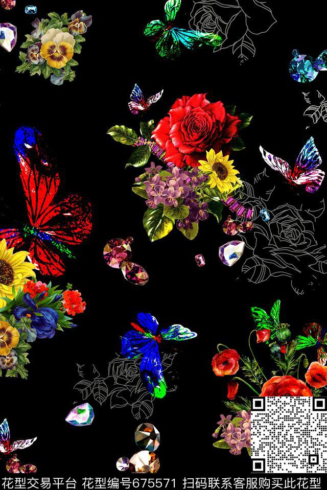 蝴蝶宝石向日葵数码印花华亿平台下载（图片编号: 675571） - 瓦栏（Walan）