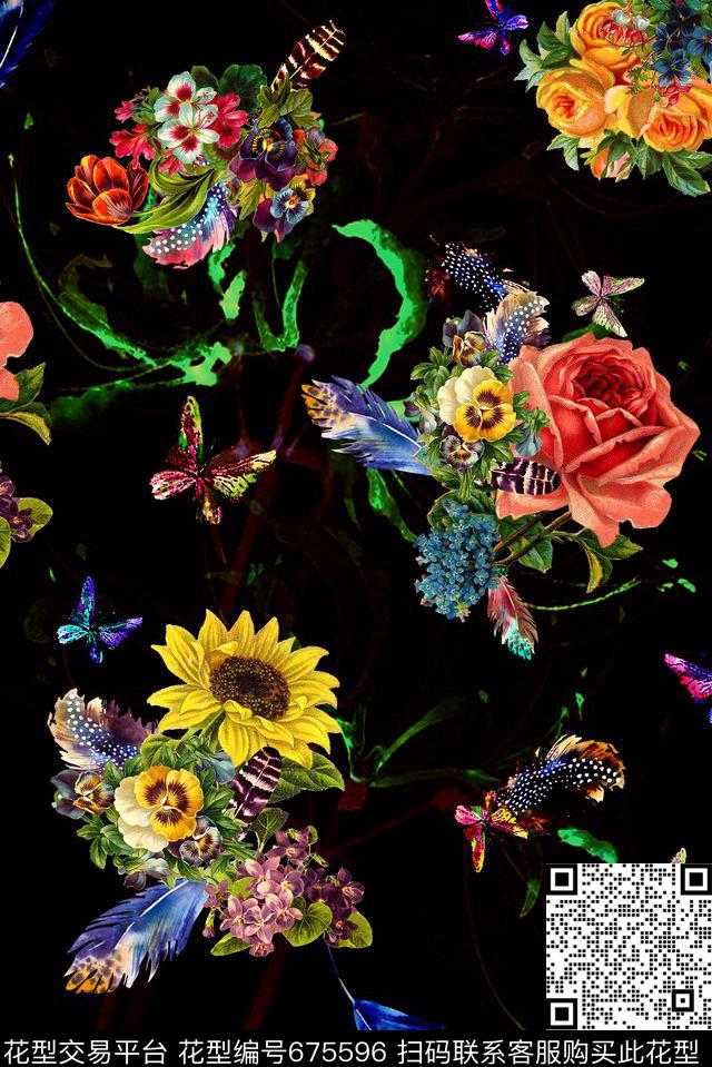 蝴蝶羽毛向日葵数码印花华亿平台下载（图片编号: 675596） - 瓦栏（Walan）