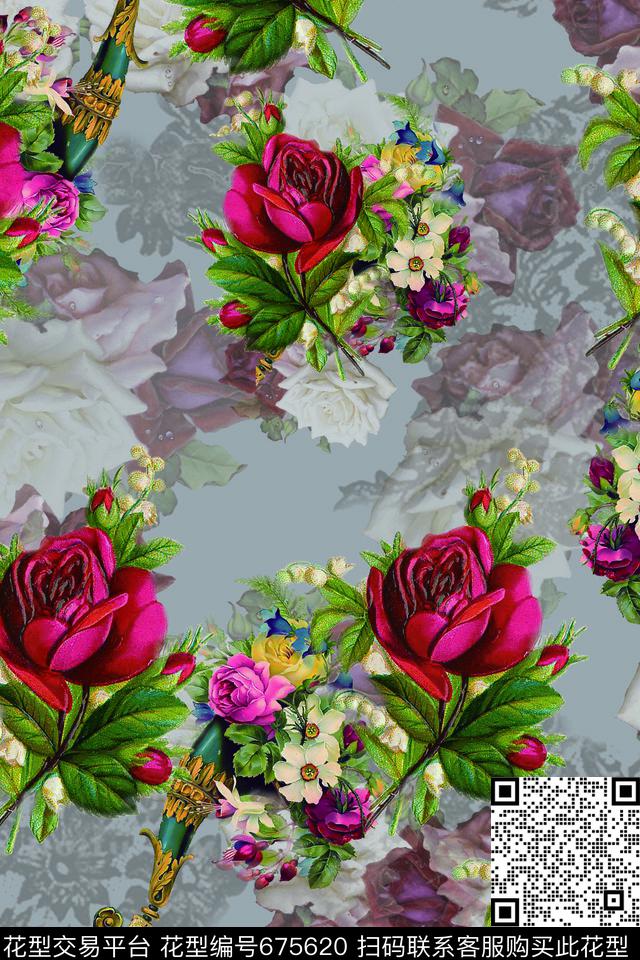 花卉复古宫廷数码印花华亿平台下载（图片编号: 675620） - 瓦栏（Walan）