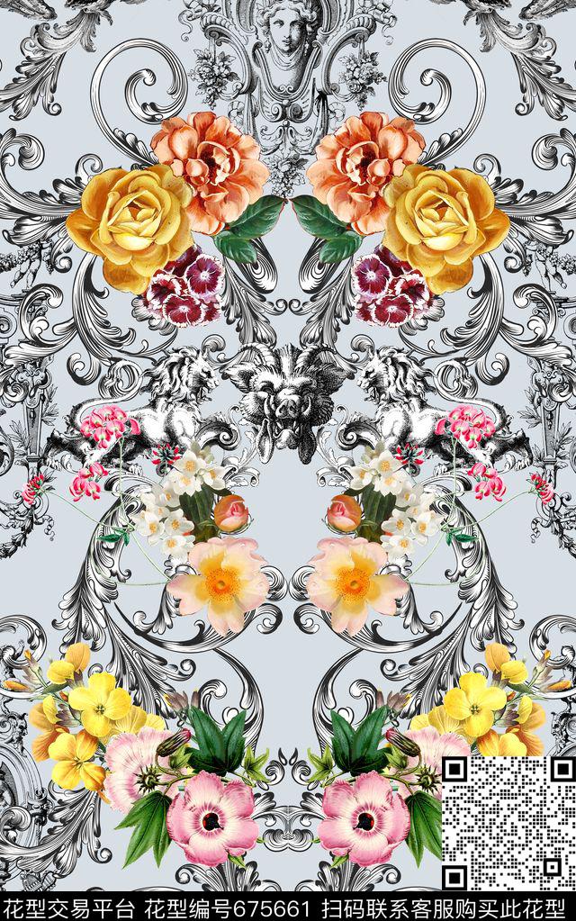 时尚卷草花卉数码印花华亿平台下载（图片编号: 675661） - 瓦栏（Walan）