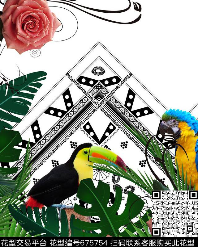 热带植物花卉鹦鹉数码印花华亿平台下载（图片编号: 675754） - 瓦栏（Walan）