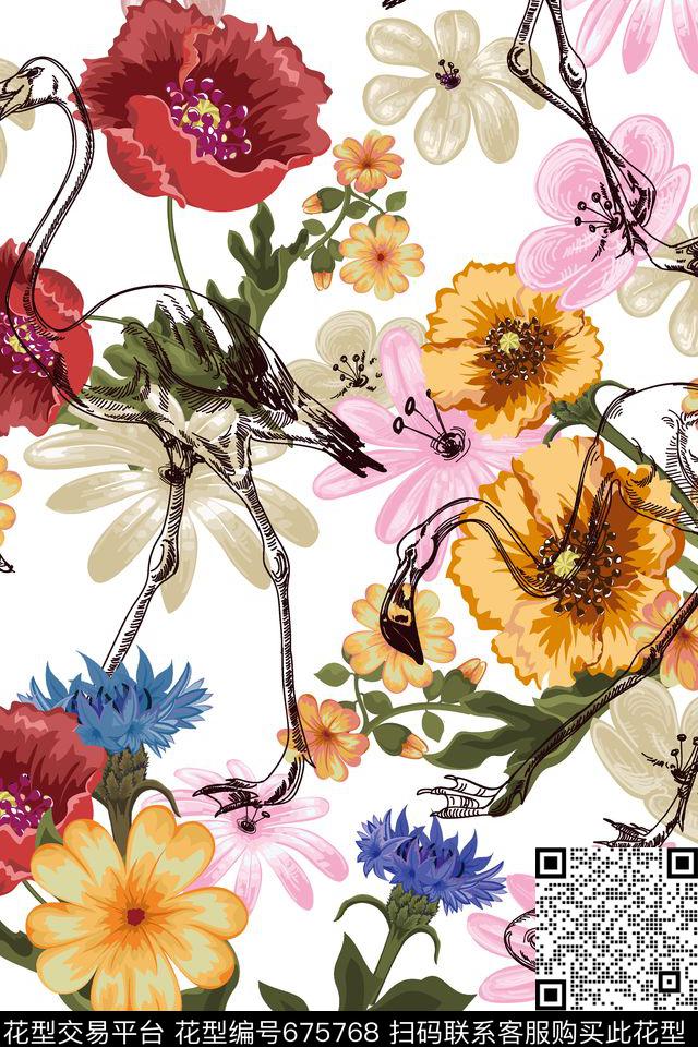 乱花鹤花卉数码印花华亿平台下载（图片编号: 675768） - 瓦栏（Walan）