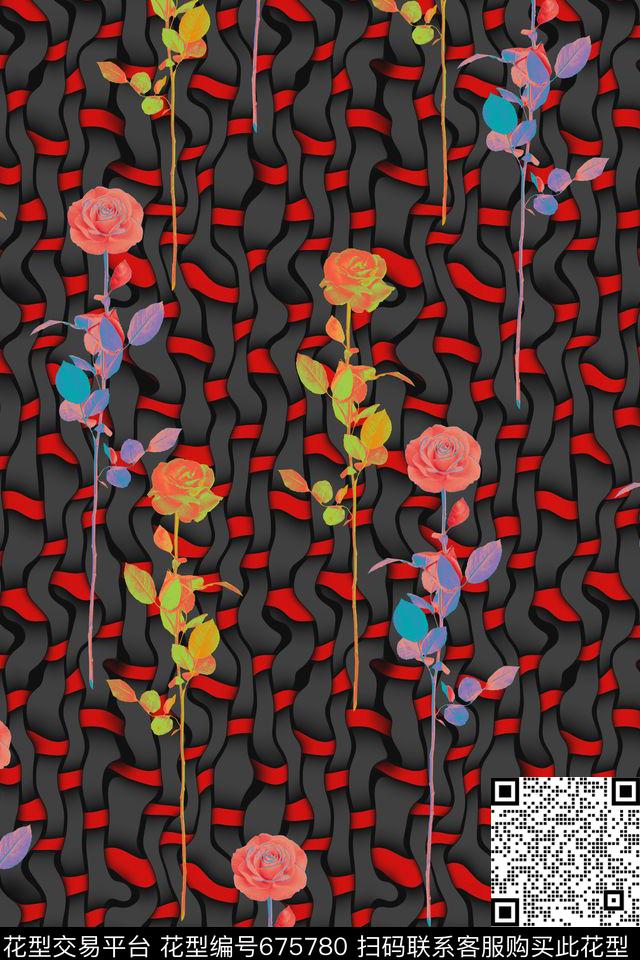 风格化花卉女装几何数码印花华亿平台下载（图片编号: 675780） - 瓦栏（Walan）