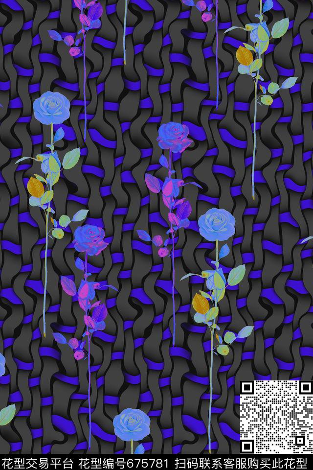 风格化花卉女装几何数码印花华亿平台下载（图片编号: 675781） - 瓦栏（Walan）