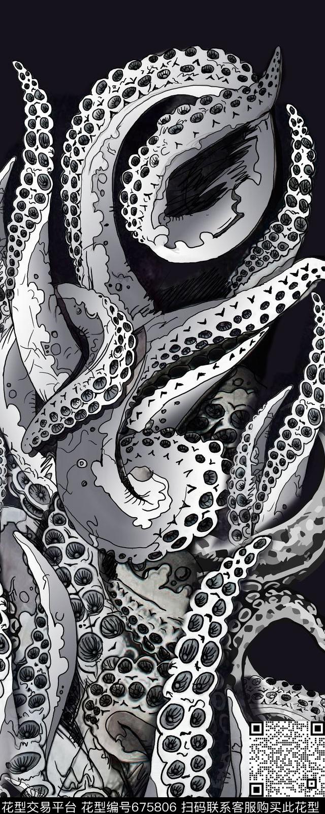 手绘章鱼触角章鱼传统印花华亿平台下载（图片编号: 675806） - 瓦栏（Walan）