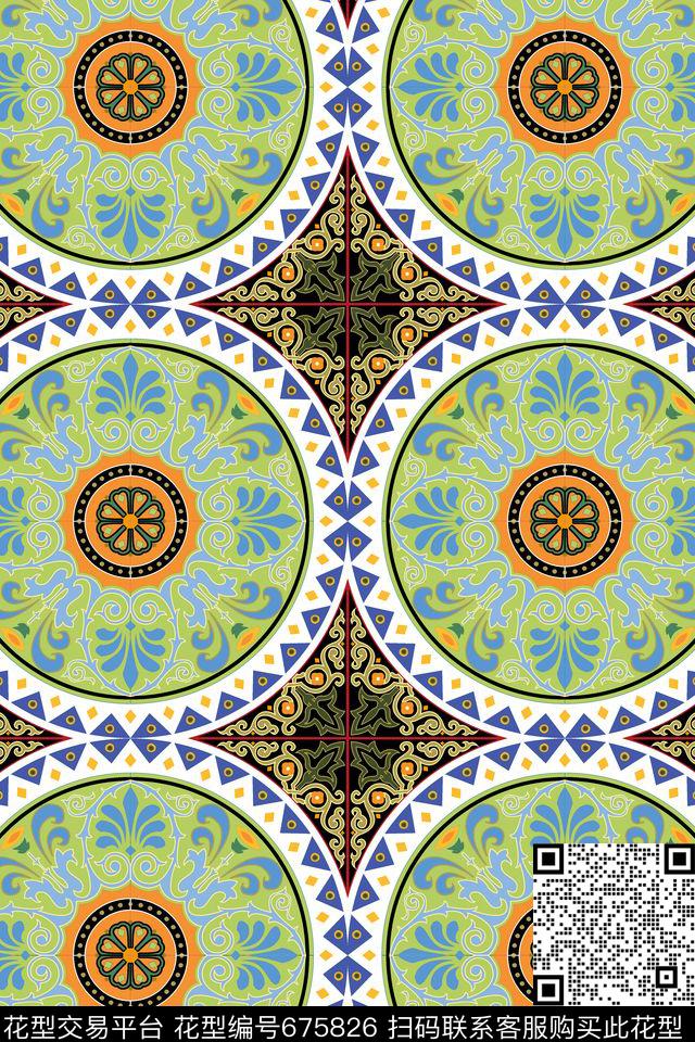 圆圈圆形卷草纹传统印花华亿平台下载（图片编号: 675826） - 瓦栏（Walan）