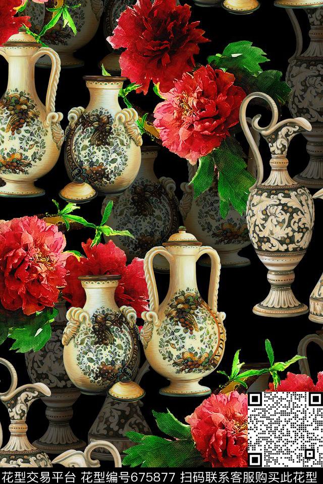 民族风大花酒瓶数码印花华亿平台下载（图片编号: 675877） - 瓦栏（Walan）