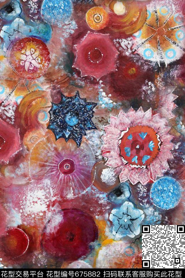 花卉抽象油画数码印花华亿平台下载（图片编号: 675882） - 瓦栏（Walan）