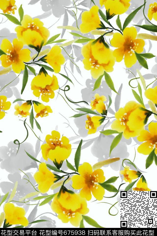 手绘、水彩、花卉、女装数码印花华亿平台下载（图片编号: 675938） - 瓦栏（Walan）