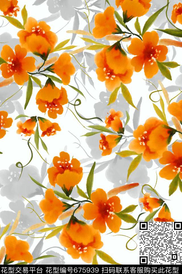 手绘、水彩、花卉、女装数码印花华亿平台下载（图片编号: 675939） - 瓦栏（Walan）