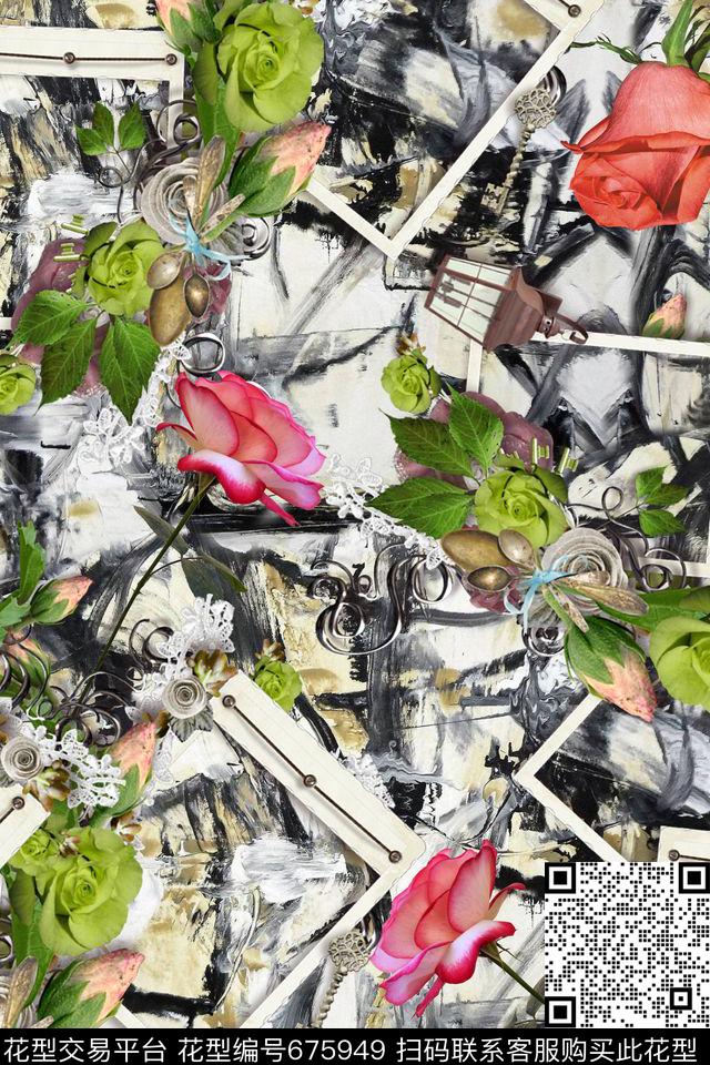 手绘花卉几何肌理数码印花华亿平台下载（图片编号: 675949） - 瓦栏（Walan）