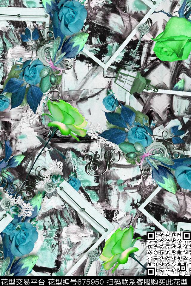 手绘花卉几何肌理数码印花华亿平台下载（图片编号: 675950） - 瓦栏（Walan）