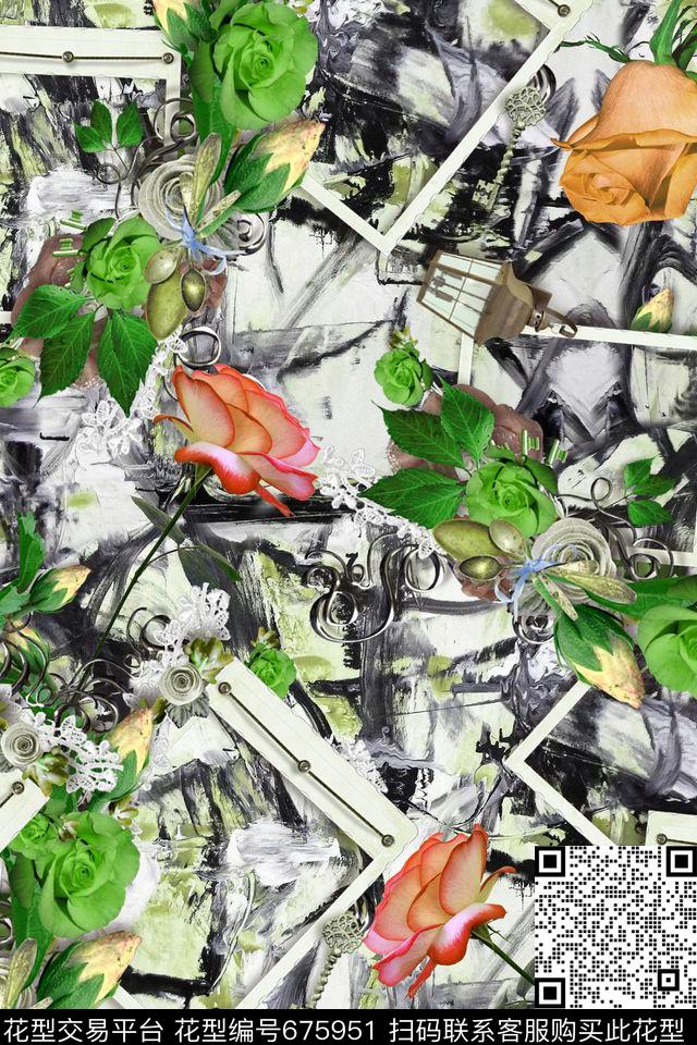 手绘花卉几何肌理数码印花华亿平台下载（图片编号: 675951） - 瓦栏（Walan）