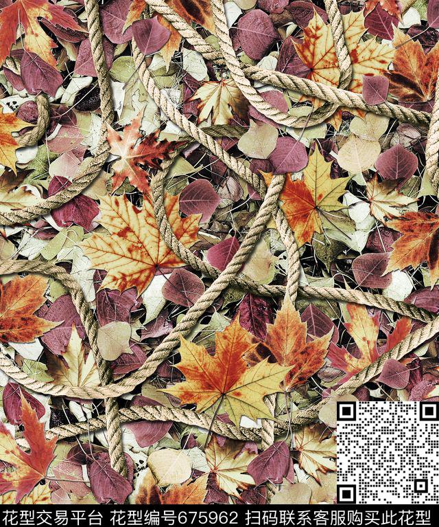 枫叶麻绳叶子数码印花华亿平台下载（图片编号: 675962） - 瓦栏（Walan）