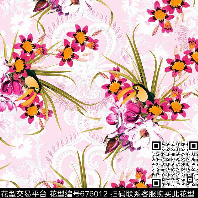 浪漫花卉动物花鸟花朵数码印花华亿平台下载（图片编号: 676012） - 瓦栏（Walan）