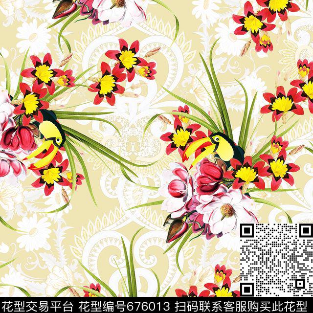 浪漫花卉动物花鸟花朵数码印花华亿平台下载（图片编号: 676013） - 瓦栏（Walan）