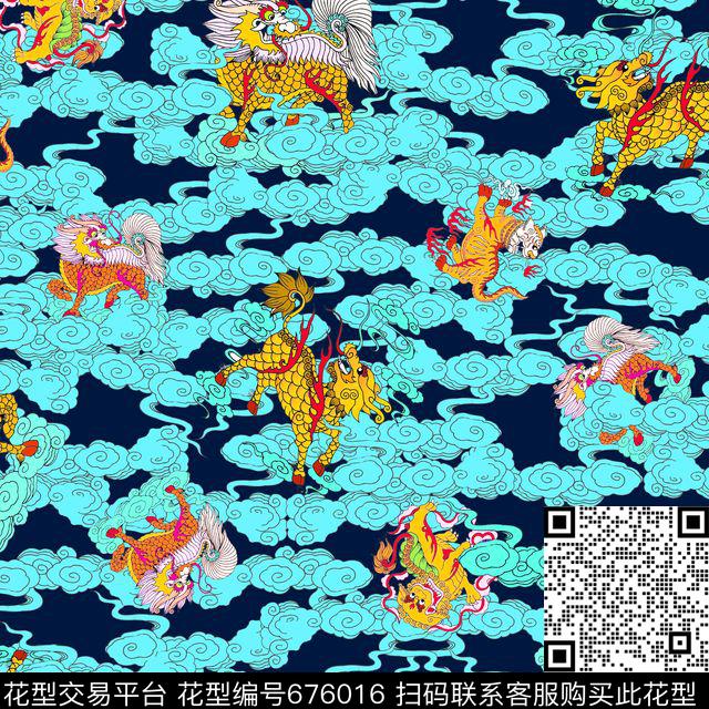 神话云纹图腾数码印花华亿平台下载（图片编号: 676016） - 瓦栏（Walan）