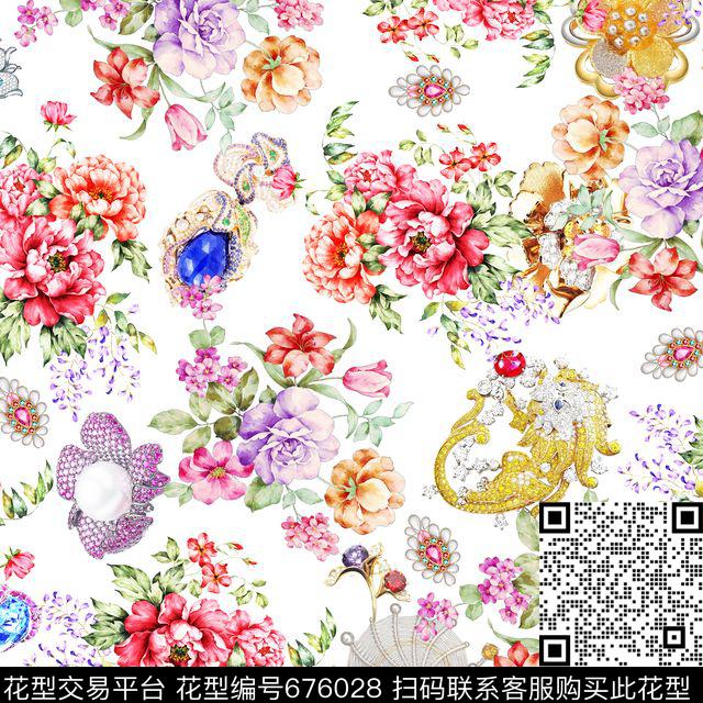 花朵花卉珠宝钻石数码印花华亿平台下载（图片编号: 676028） - 瓦栏（Walan）