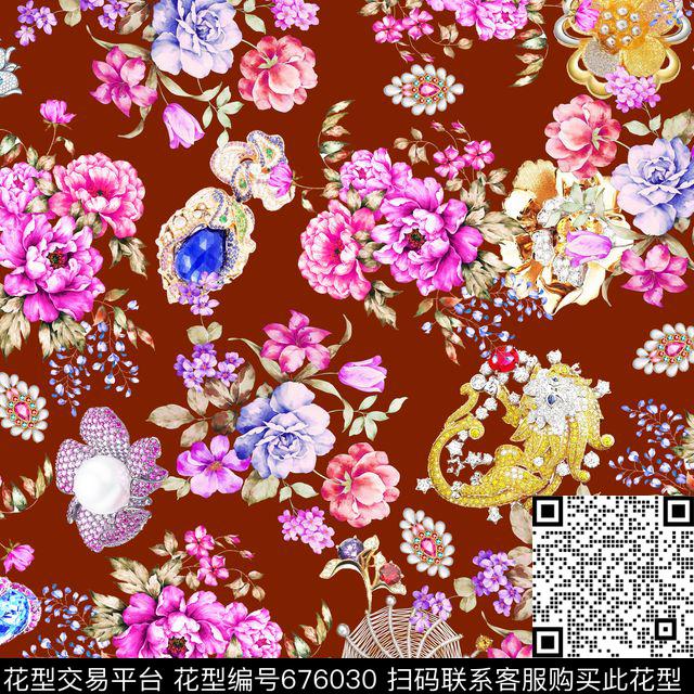 花朵花卉珠宝钻石数码印花华亿平台下载（图片编号: 676030） - 瓦栏（Walan）
