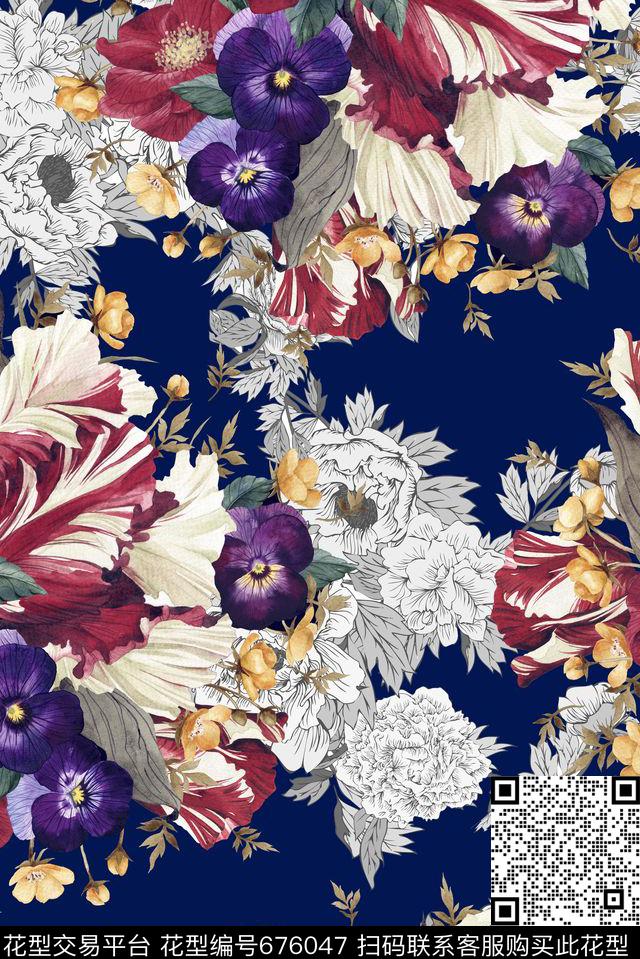 手绘花卉线描数码印花华亿平台下载（图片编号: 676047） - 瓦栏（Walan）