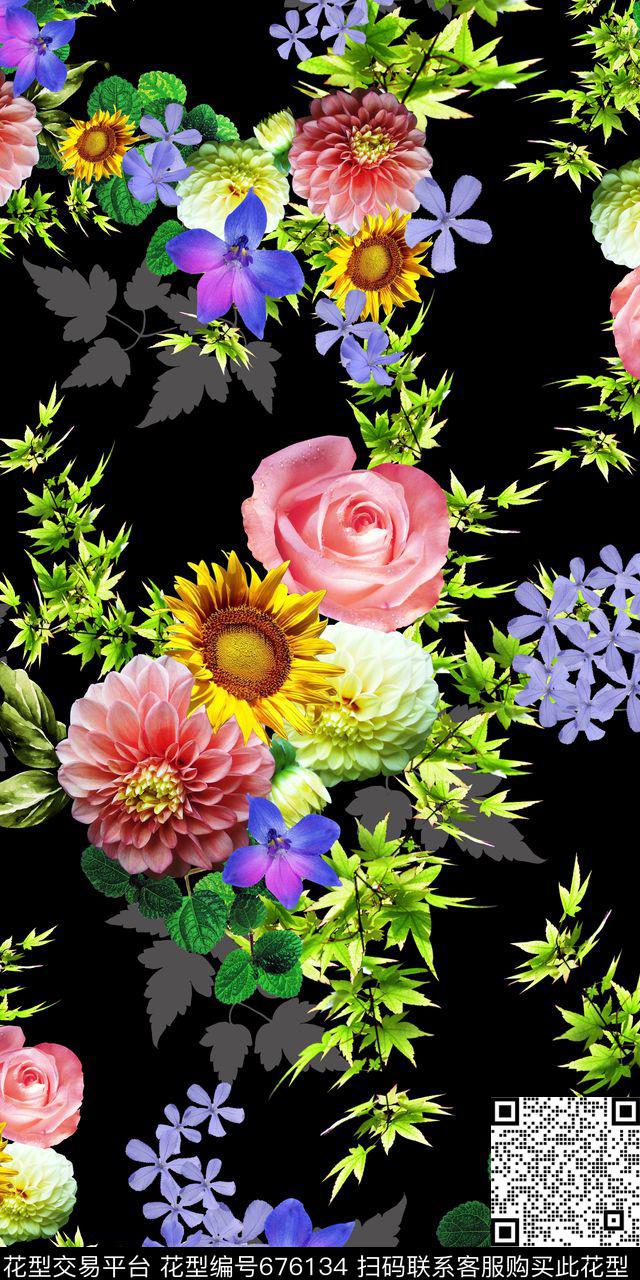 树叶枝条向日葵时尚数码数码印花华亿平台下载（图片编号: 676134） - 瓦栏（Walan）