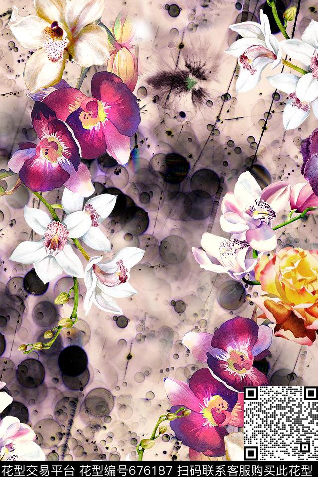 花朵花卉水墨数码印花华亿平台下载（图片编号: 676187） - 瓦栏（Walan）
