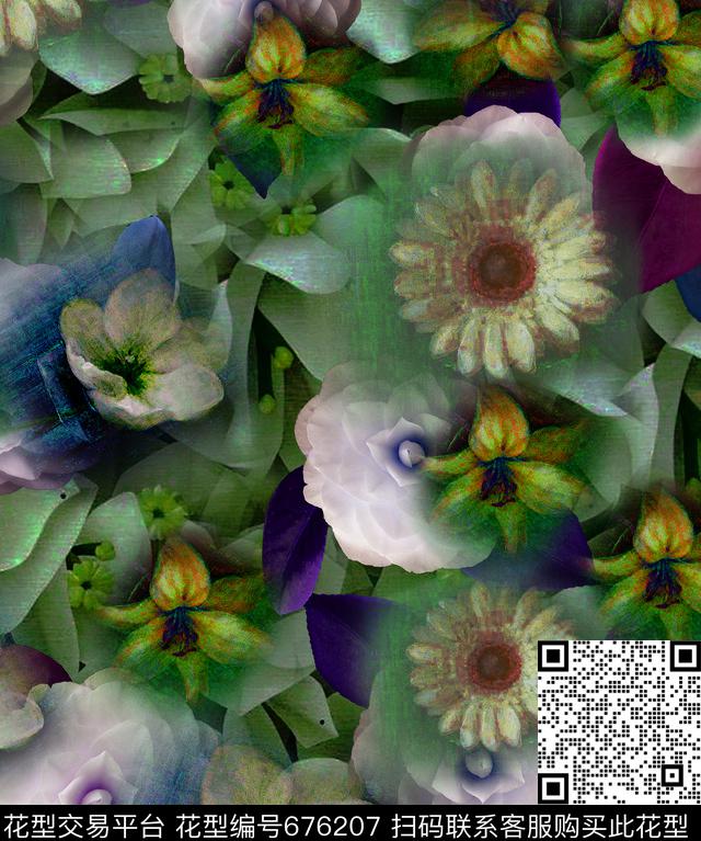 花卉复古抽象数码印花华亿平台下载（图片编号: 676207） - 瓦栏（Walan）