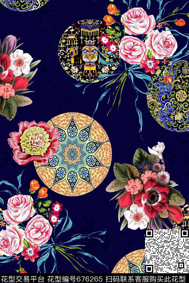 花卉传统纹样圈圈数码印花华亿平台下载（图片编号: 676265） - 瓦栏（Walan）