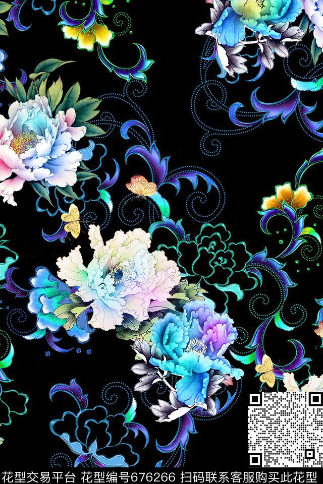 中国风牡丹花国画数码印花华亿平台下载（图片编号: 676266） - 瓦栏（Walan）