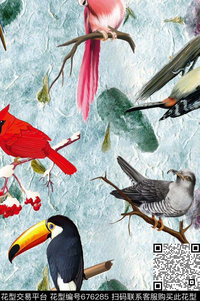 叶子鸟樱桃数码印花华亿平台下载（图片编号: 676285） - 瓦栏（Walan）