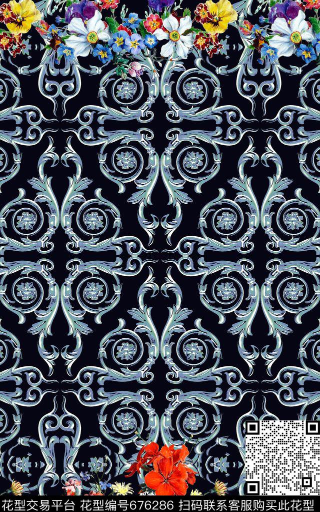 时尚卷草花卉数码印花华亿平台下载（图片编号: 676286） - 瓦栏（Walan）