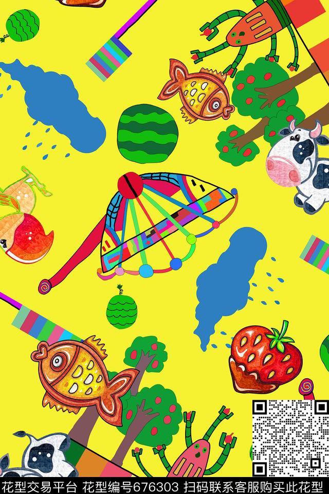 儿童画奶牛草莓传统印花华亿平台下载（图片编号: 676303） - 瓦栏（Walan）