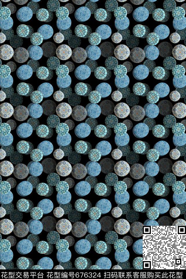 复古传统圆圈组合圆圈与波点数码印花华亿平台下载（图片编号: 676324） - 瓦栏（Walan）