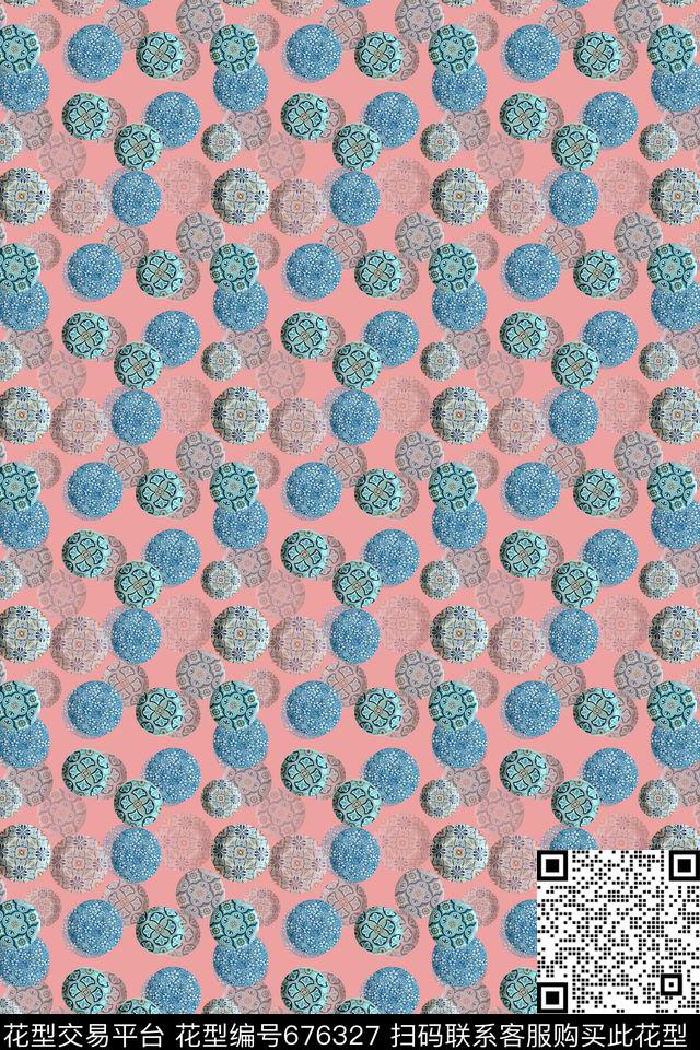 复古传统圆圈组合圆圈与波点数码印花华亿平台下载（图片编号: 676327） - 瓦栏（Walan）