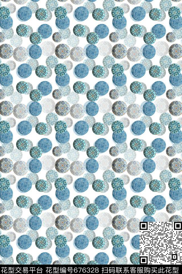 复古传统圆圈组合圆圈与波点数码印花华亿平台下载（图片编号: 676328） - 瓦栏（Walan）