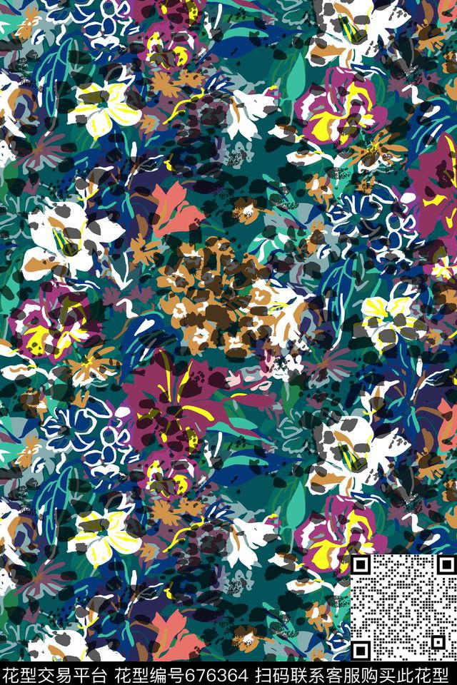 几何色块手绘花卉传统印花华亿平台下载（图片编号: 676364） - 瓦栏（Walan）