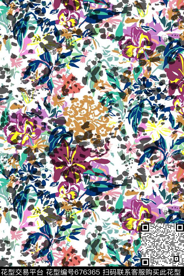 几何色块手绘花卉传统印花华亿平台下载（图片编号: 676365） - 瓦栏（Walan）