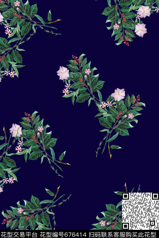 清爽手绘花卉数码印花华亿平台下载（图片编号: 676414） - 瓦栏（Walan）
