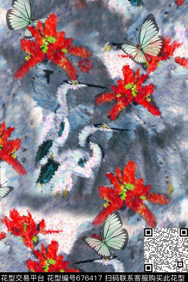 花卉点彩画荷花数码印花华亿平台下载（图片编号: 676417） - 瓦栏（Walan）