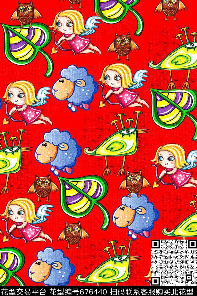 儿童画树叶小天使数码印花华亿平台下载（图片编号: 676440） - 瓦栏（Walan）