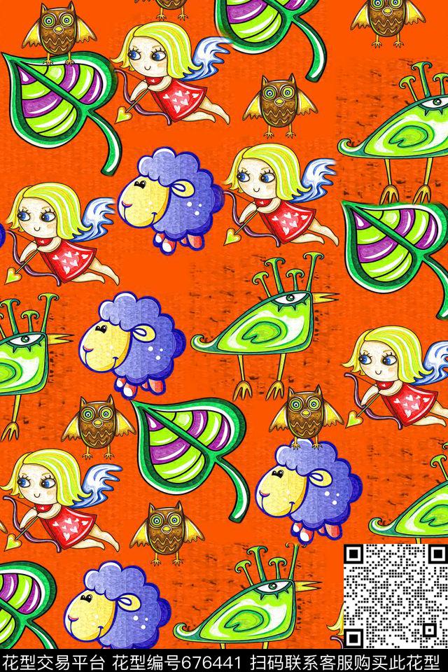 儿童画树叶小天使数码印花华亿平台下载（图片编号: 676441） - 瓦栏（Walan）