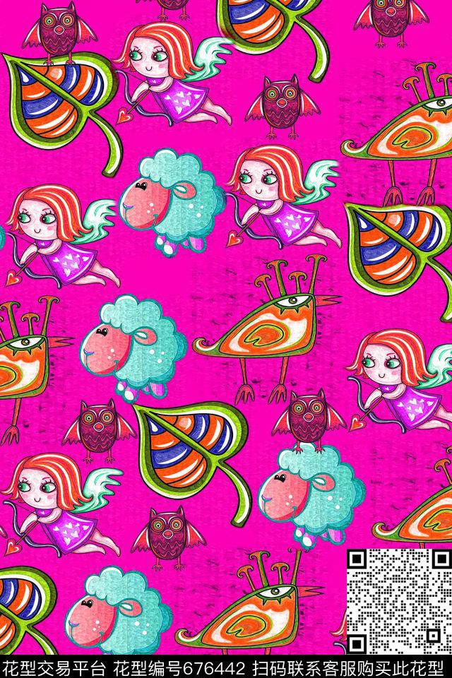 儿童画树叶小天使数码印花华亿平台下载（图片编号: 676442） - 瓦栏（Walan）