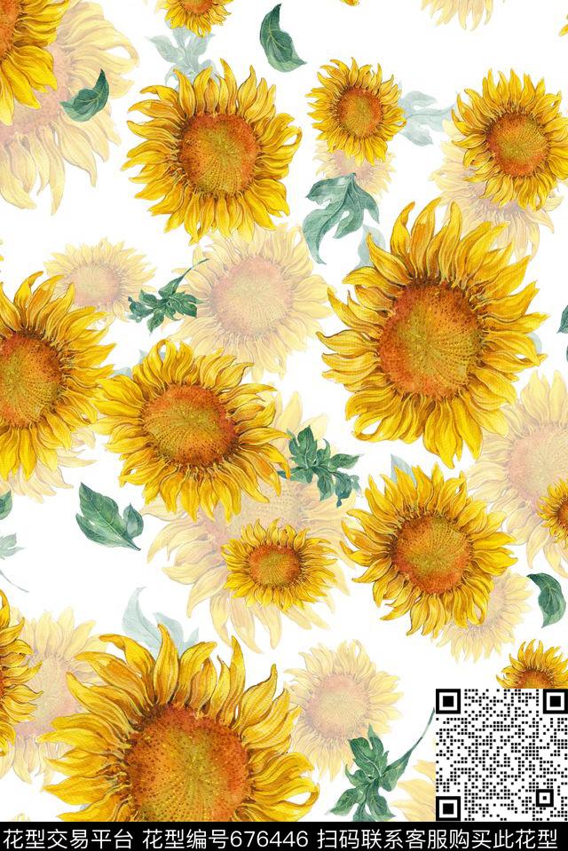 向日葵乱花大花数码印花华亿平台下载（图片编号: 676446） - 瓦栏（Walan）