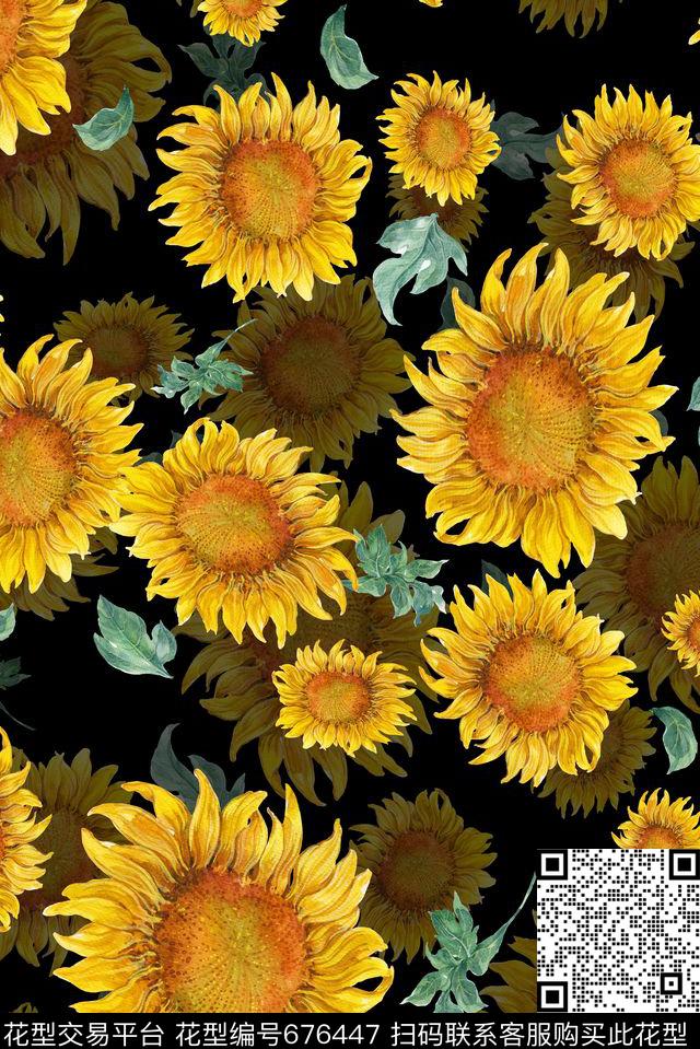向日葵乱花大花数码印花华亿平台下载（图片编号: 676447） - 瓦栏（Walan）