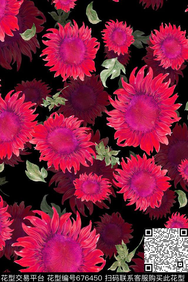 向日葵乱花大花数码印花华亿平台下载（图片编号: 676450） - 瓦栏（Walan）