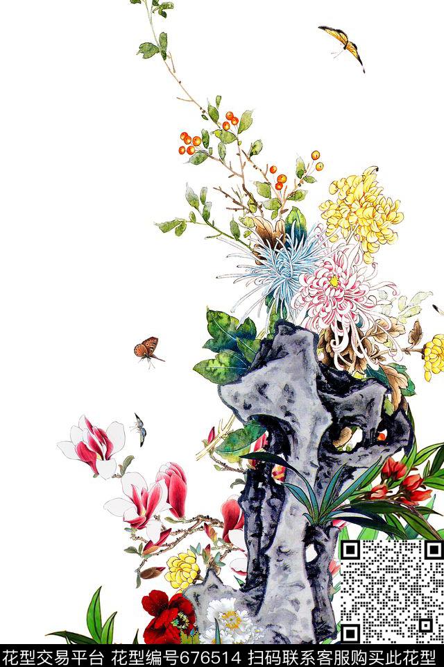 菊花花卉蝴蝶数码印花华亿平台下载（图片编号: 676514） - 瓦栏（Walan）