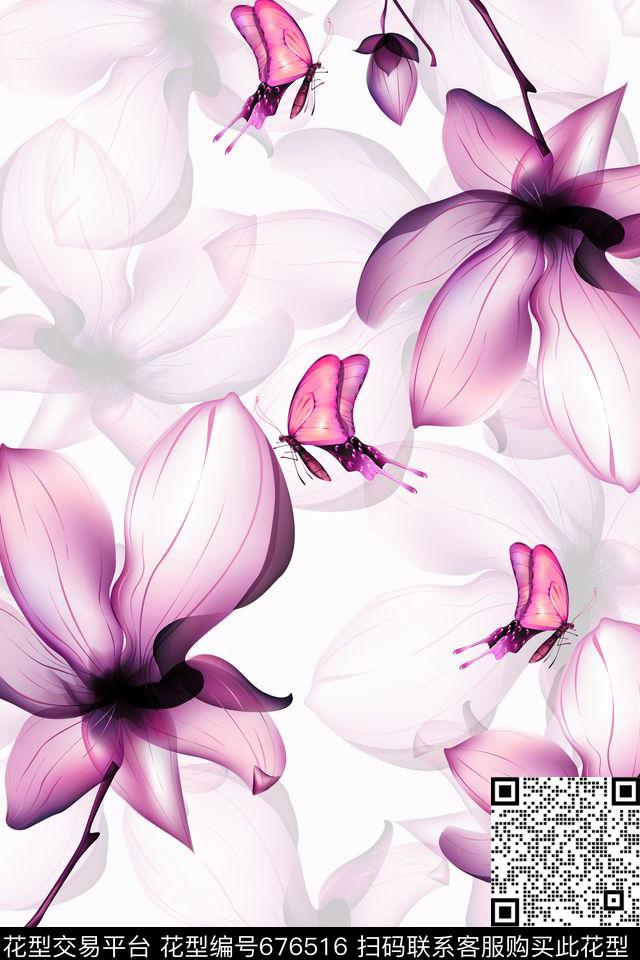 罂粟花田园风蝴蝶数码印花华亿平台下载（图片编号: 676516） - 瓦栏（Walan）