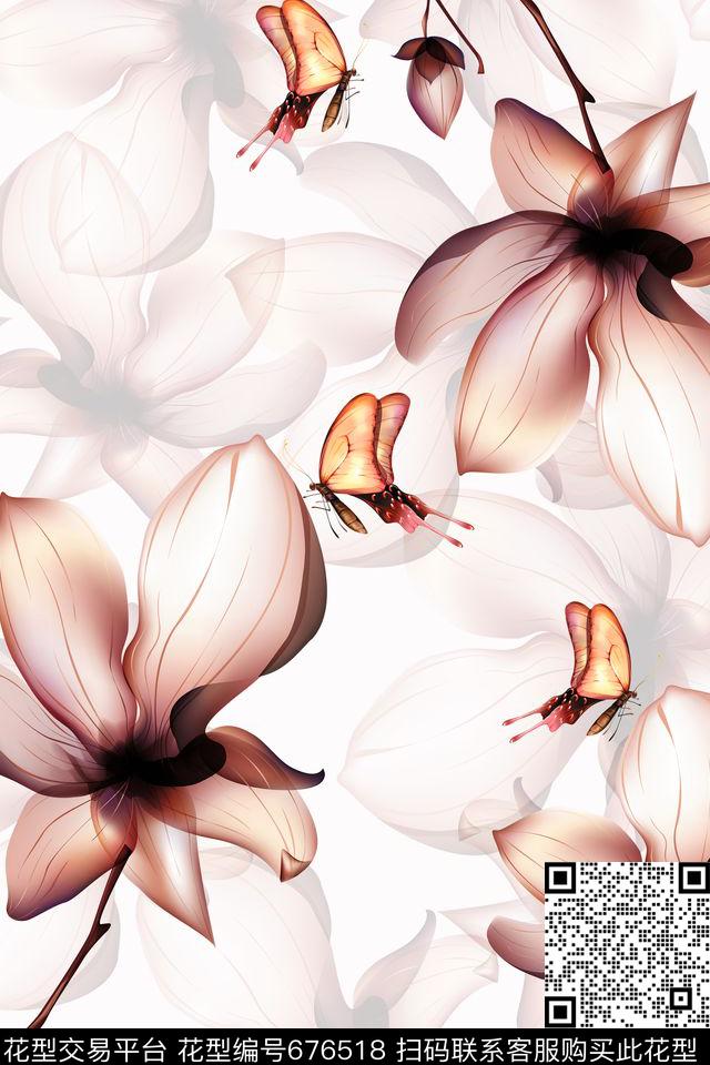 罂粟花田园风蝴蝶数码印花华亿平台下载（图片编号: 676518） - 瓦栏（Walan）